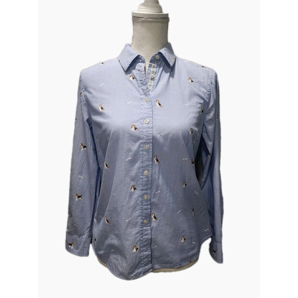 Talbots Blue Chambray Fetching Beagles Dogs Button Front Shirts Petite Sizes S